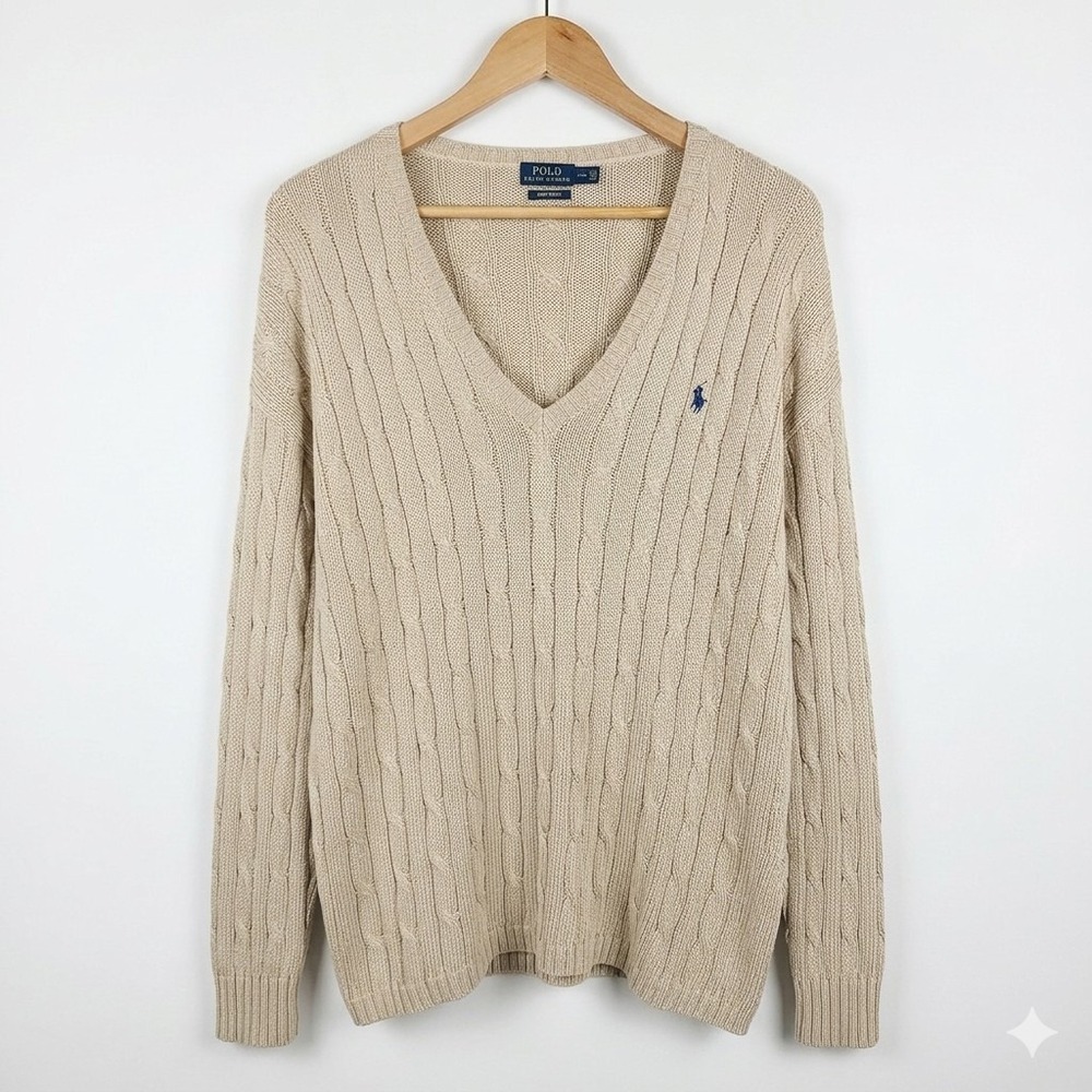 Polo Ralph Lauren Sweater Womens L Oatmeal Cable Knit V Neck Pima Cotton Relaxed